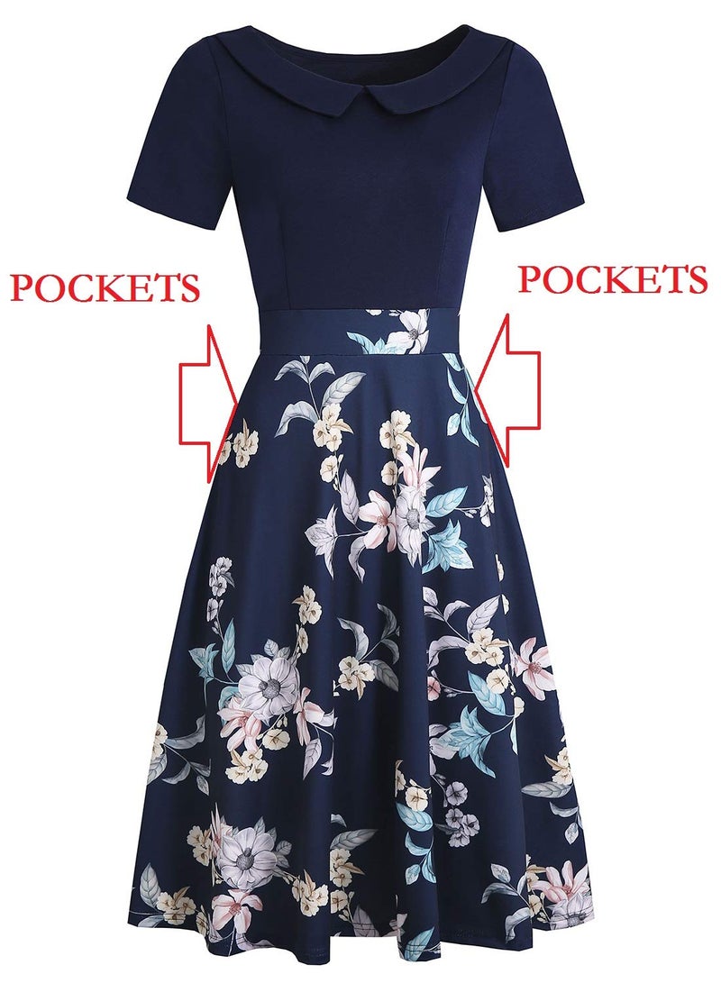 HELYO Work Dresses for Women Office Professional Elegant Vintage Casual Party Peter Pan Collar A-Line Dress with Pockets 978 Blue Floral XXL - Image 5